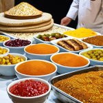 **Vibrant Palestinian Culinary & Artisan Showcase:** A richly detailed and vibrant scene showcasing the diverse culinary and artisanal heritage of Palestine. In the foreground, an inviting display of traditional Palestinian dishes such as golden-brown Knafeh, a savory overturned Maqluba, and freshly baked Manakish, adorned with various local ingredients. Interspersed among the food are examples of exquisite Palestinian handicrafts: intricately embroidered 'Tatriz' textiles, shimmering colorful Hebron glass art, and delicate olive wood carvings. The composition should convey a sense of warmth, authenticity, and the deep-rooted traditions of the culture, with soft, natural lighting.