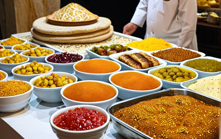 **Vibrant Palestinian Culinary & Artisan Showcase:** A richly detailed and vibrant scene showcasing the diverse culinary and artisanal heritage of Palestine. In the foreground, an inviting display of traditional Palestinian dishes such as golden-brown Knafeh, a savory overturned Maqluba, and freshly baked Manakish, adorned with various local ingredients. Interspersed among the food are examples of exquisite Palestinian handicrafts: intricately embroidered 'Tatriz' textiles, shimmering colorful Hebron glass art, and delicate olive wood carvings. The composition should convey a sense of warmth, authenticity, and the deep-rooted traditions of the culture, with soft, natural lighting.