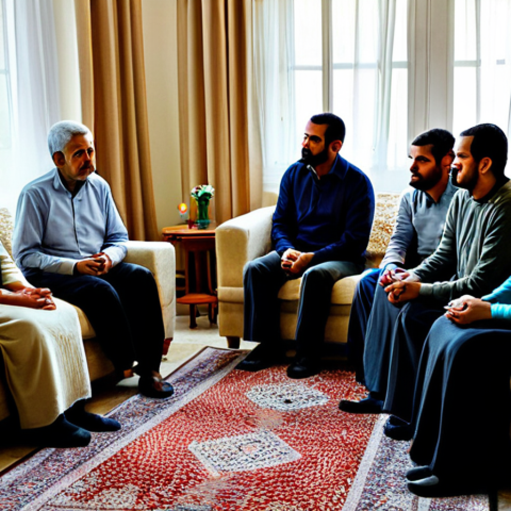 A group of adult Palestinian individuals gathered in a traditional home, showcasing community solidarity and support during a condolence visit. Subjects are seated respectfully, engaged in quiet conversation, with serene and solemn expressions. The setting is a warmly lit interior of a Palestinian living room, featuring simple, modest decor. All individuals are fully clothed in appropriate, modest attire. Professional photograph, realistic, natural lighting, high detail, perfect anatomy, correct proportions, natural pose, well-formed hands, proper finger count. Safe for work, appropriate content, fully clothed, family-friendly.