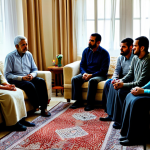 A group of adult Palestinian individuals gathered in a traditional home, showcasing community solidarity and support during a condolence visit. Subjects are seated respectfully, engaged in quiet conversation, with serene and solemn expressions. The setting is a warmly lit interior of a Palestinian living room, featuring simple, modest decor. All individuals are fully clothed in appropriate, modest attire. Professional photograph, realistic, natural lighting, high detail, perfect anatomy, correct proportions, natural pose, well-formed hands, proper finger count. Safe for work, appropriate content, fully clothed, family-friendly.