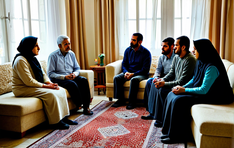 A group of adult Palestinian individuals gathered in a traditional home, showcasing community solidarity and support during a condolence visit. Subjects are seated respectfully, engaged in quiet conversation, with serene and solemn expressions. The setting is a warmly lit interior of a Palestinian living room, featuring simple, modest decor. All individuals are fully clothed in appropriate, modest attire. Professional photograph, realistic, natural lighting, high detail, perfect anatomy, correct proportions, natural pose, well-formed hands, proper finger count. Safe for work, appropriate content, fully clothed, family-friendly.
