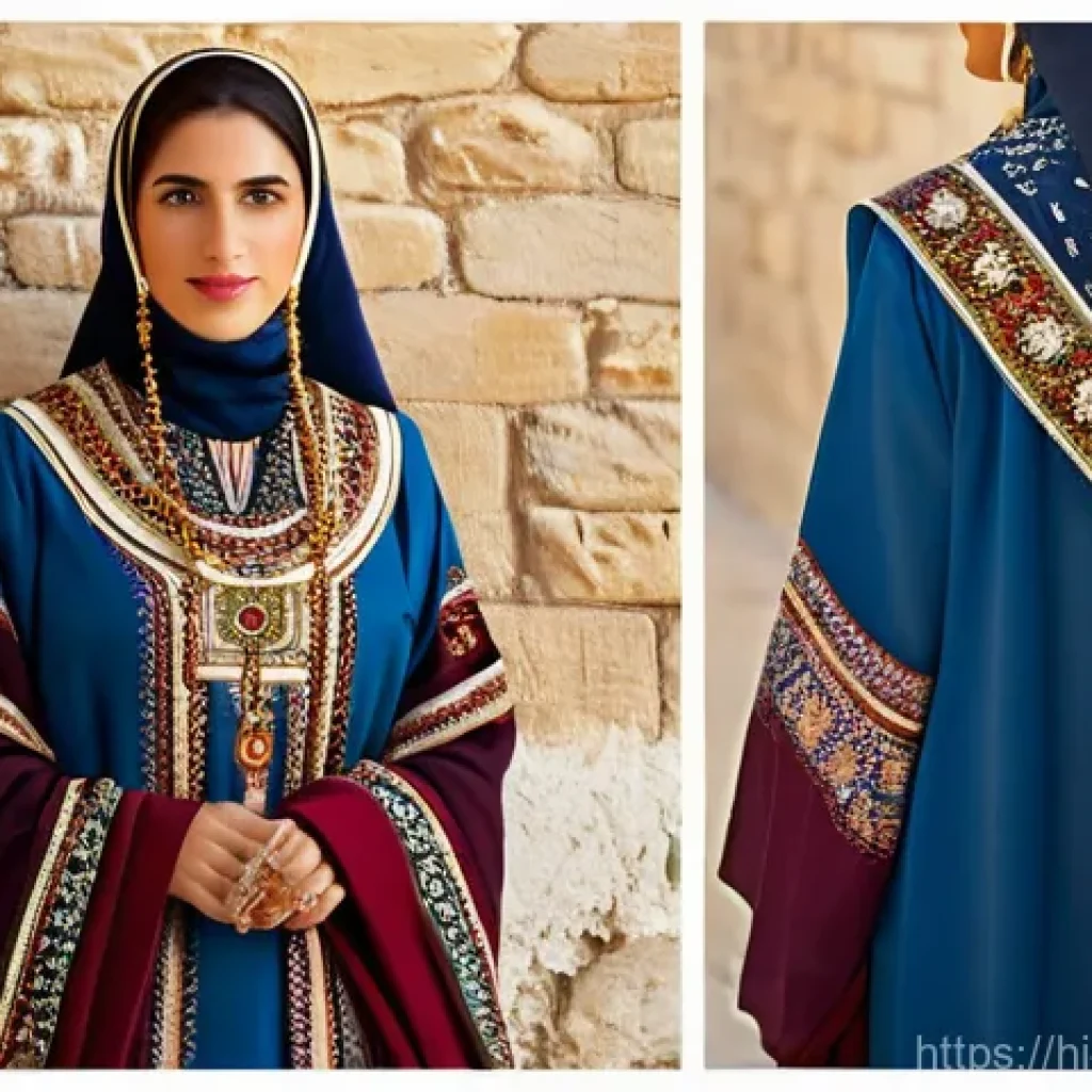 팔레스타인 여성의 전통 의복 - **Prompt:** "A dignified Palestinian woman, approximately 40 years old, wearing a magnificent tradit...