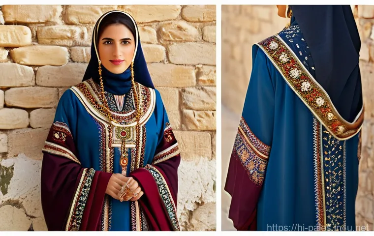 팔레스타인 여성의 전통 의복 - **Prompt:** "A dignified Palestinian woman, approximately 40 years old, wearing a magnificent tradit...