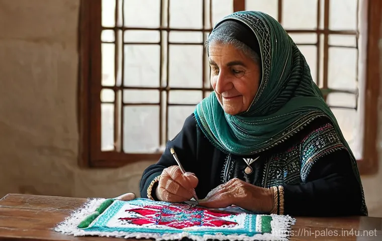 팔레스타인 여성의 전통 의복 - **Prompt:** "A dignified Palestinian woman, approximately 40 years old, wearing a magnificent tradit...
